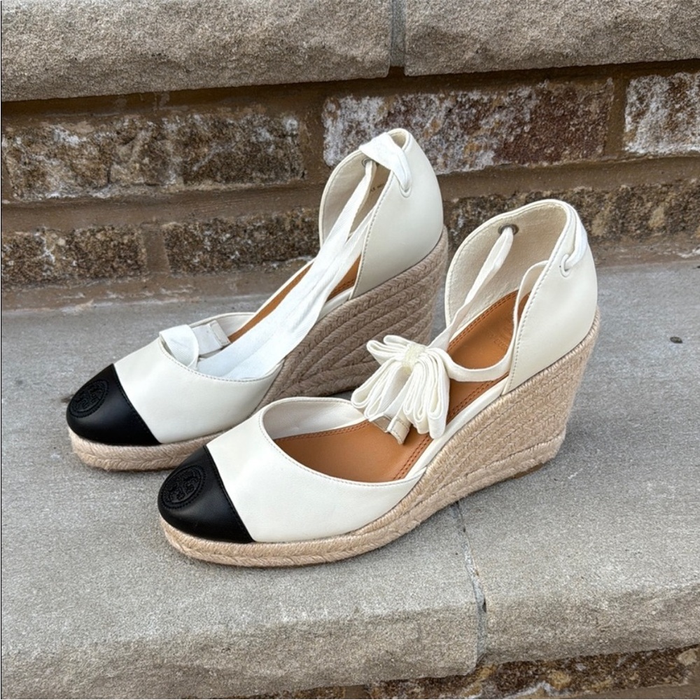 Tory Burch Black and Cream Espadrille Wedges